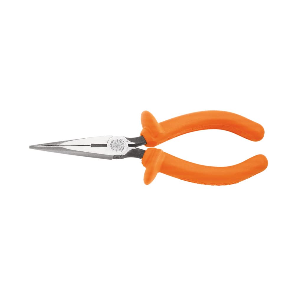 Klein Tools D203-6-INS Long Nose Pliers with Curved Handles, Forged Steel Knives and Dual Layer Insu
