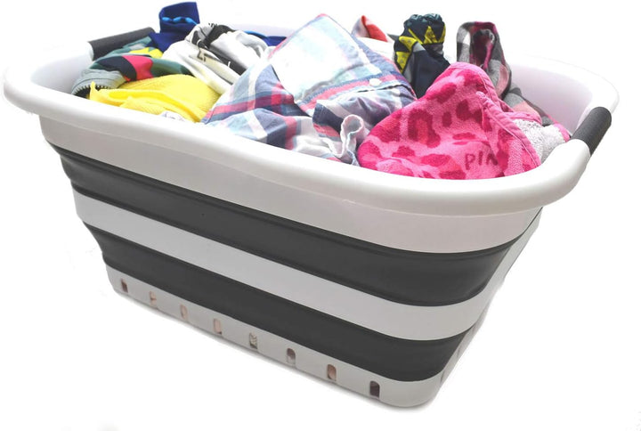 SAMMART 41L Set of 2 Collapsible 3 Handled Plastic Laundry Basket - Foldable Pop Up Storage Containe