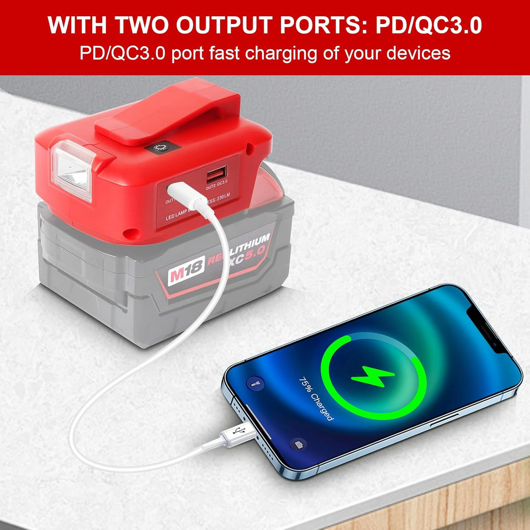USB Akku Adapter für Milwaukee M18 18V Akku, Konverter mit Dual-USB-Ladeanschlüssen, DC 12V Port, Ka