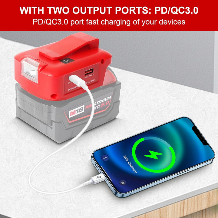 USB Akku Adapter für Milwaukee M18 18V Akku, Konverter mit Dual-USB-Ladeanschlüssen, DC 12V Port, Ka