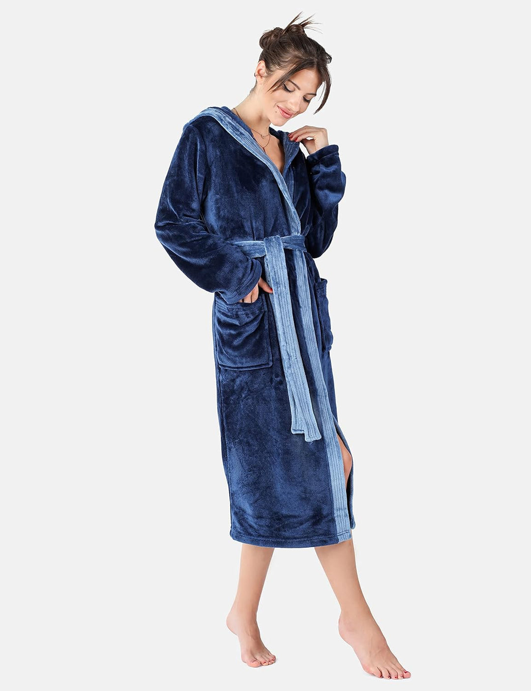 Damen Bademantel lang mit Kapuze und Gürtel BLV50-168, Dunkelblau / Blau