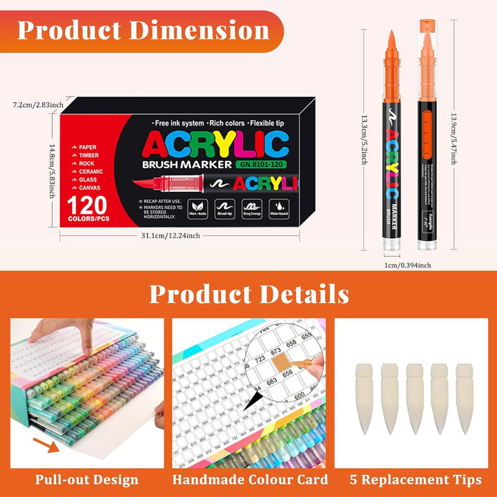 Funnasting 120 Farben Acrylstifte, Weiche Pinselspitze Acrylmarker, Acrylstifte Set für Steine Wasse