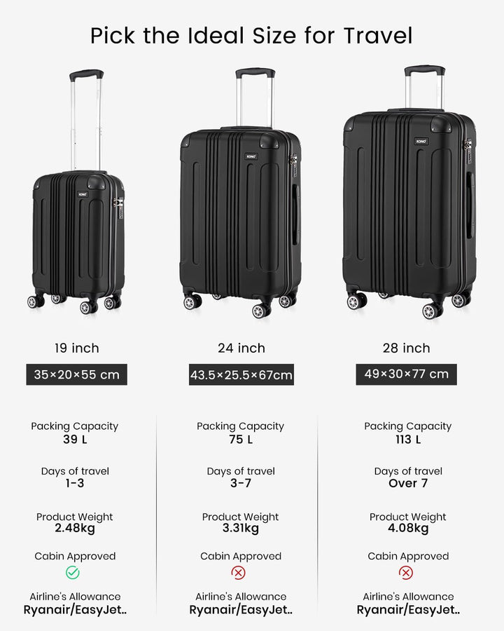 KONO Trolley Koffer Mittelgross Leicht Hartschalenkoffer Reisekoffer mit 4 Rollen, 65x42x26cm, 65Lit