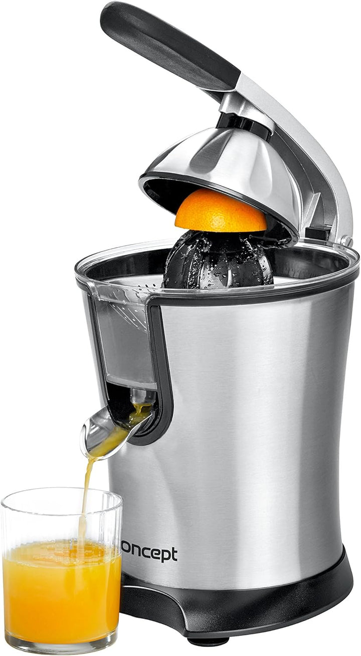 CONCEPT Hausgeräte CE3520 Hochwertige elektrische Zitruspresse mit Hebelarm, 750ml, 160W, Edelstahl