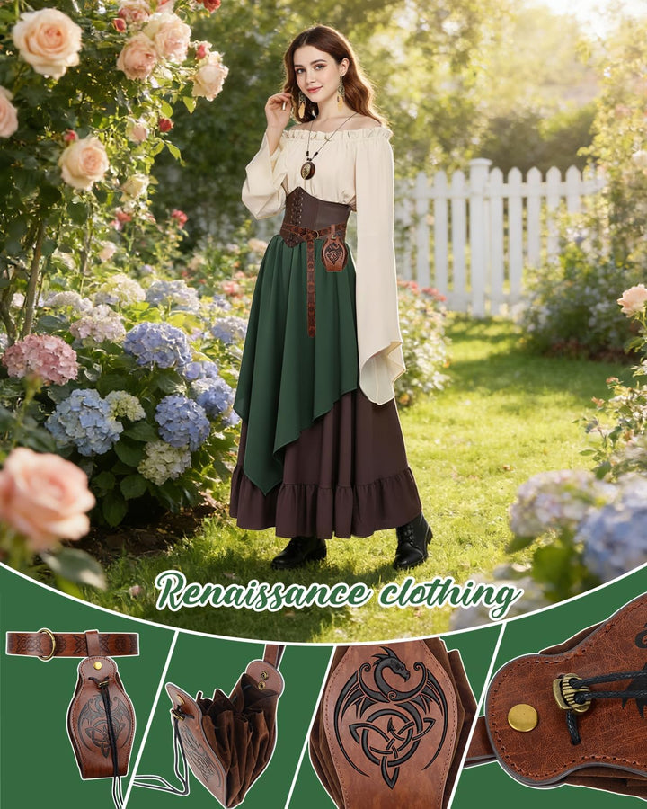 Mittelalter Kleidung Damen Set, Renaissance Kostüm und Retro Off Shoulder Bluse mit Corsett, Gürtelt