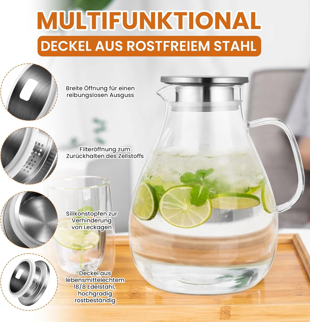 SUSTEAS 3.0 Liter 101 Unzen Wasserkaraffe, Glaskaraffe mit Deckel und Breitem Griff, Leicht zu Reini