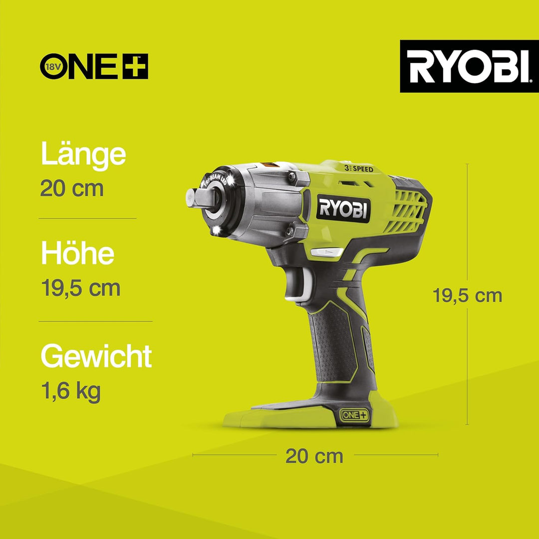 RYOBI 18 V ONE+ Akku-Schlagschrauber R18IW3-0 (max. Drehmoment 400 Nm, 1/2 Zoll Vierkant-Aufnahme, 3