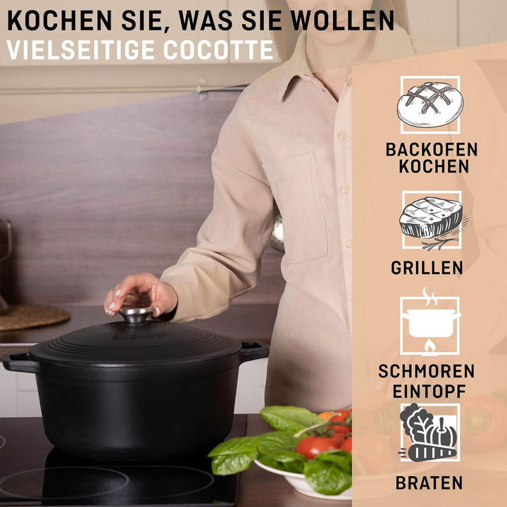 VeoHome Gusseisentopf 6L | Bräter | Gusseisen Topf matt schwarz - Schmortopf |Bratentopf | Bratpfann