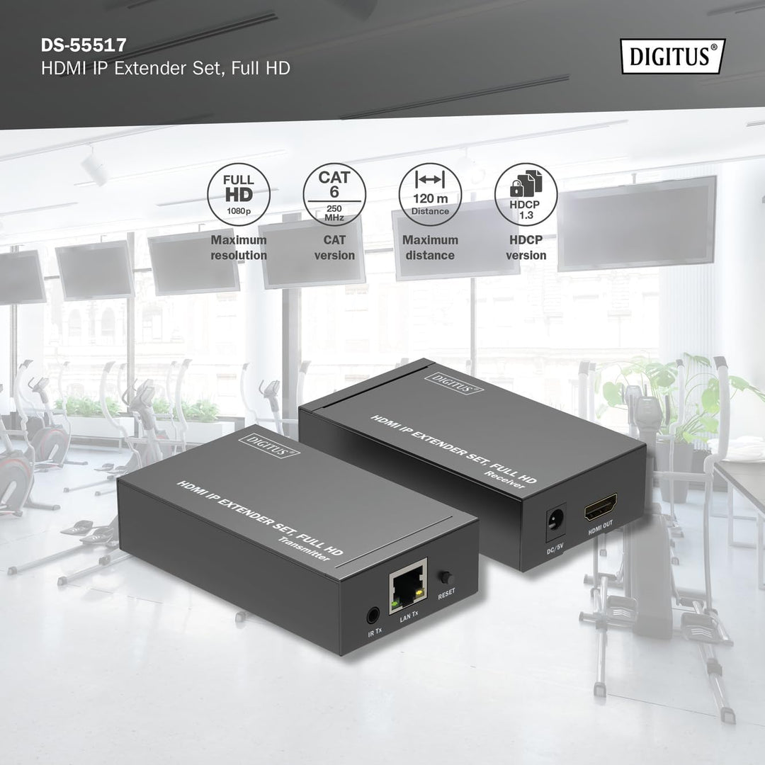 DIGITUS HDMI IP Extender Set, Full HD (1080p/60Hz), 120m Reichweite, Schwarz