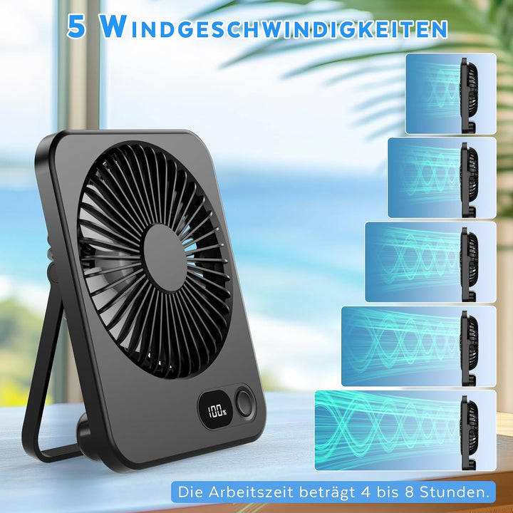 Klein Tischventilator USB Leise Ventilator Akku 3600mAh 5 Geschwindigkeiten 180°Einstellbar Tragbare