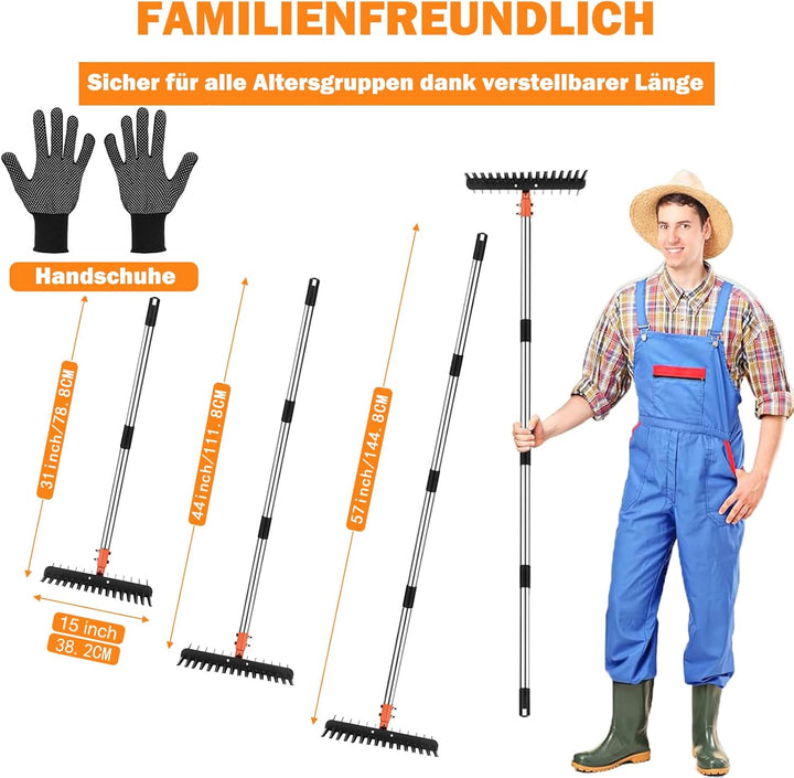 Vertikutierrechen für Rasenflächen – 38 cm breiter Rechen mit Zwei-Seiten-Zinken & 145 cm verstellba