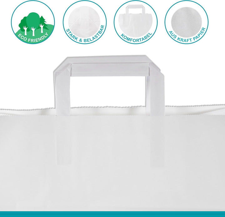Commerline Papiertüten 250 Stück, Weiss, 32+22x25 cm | Kraftpapier Tüten Klein Mit Henkel | Tragetas