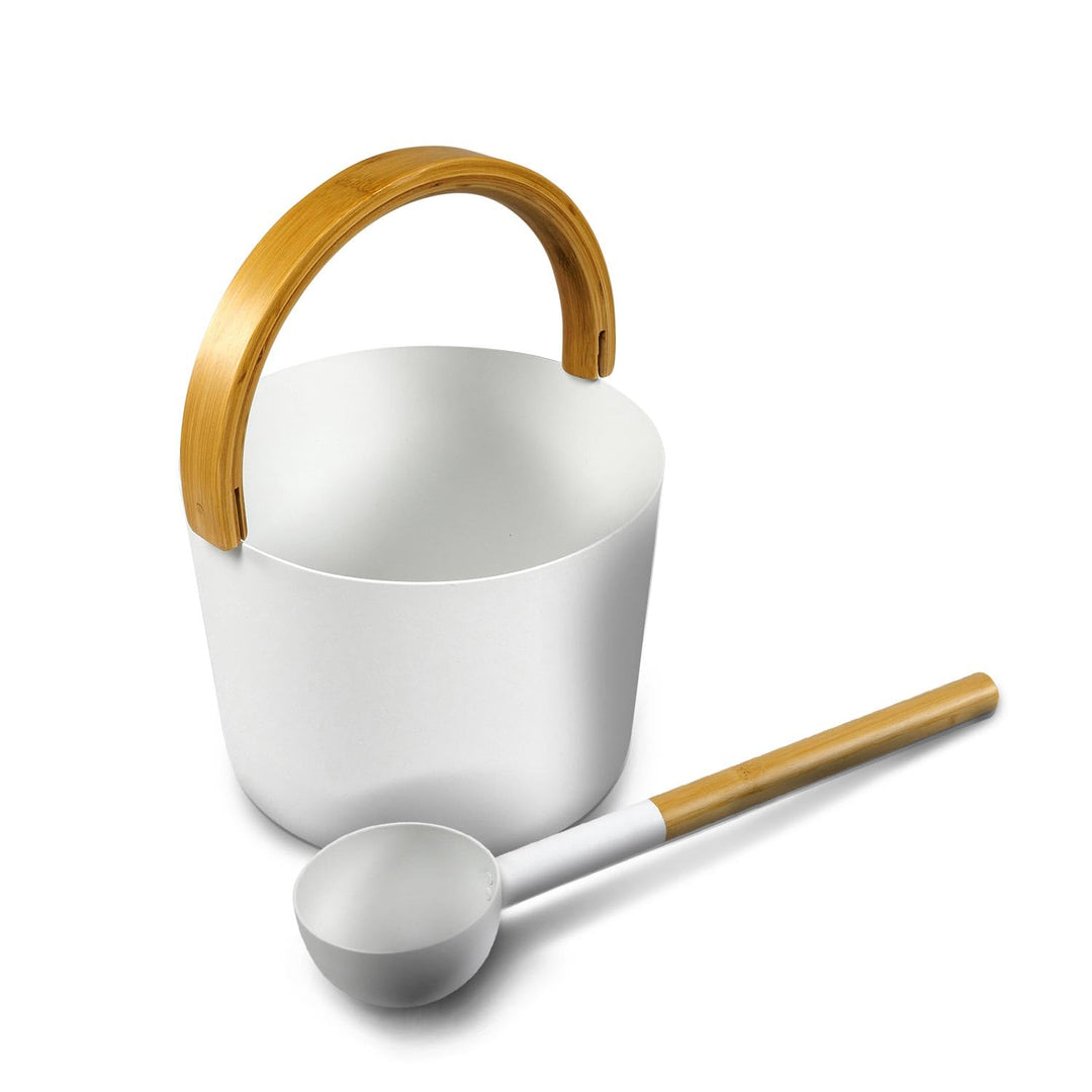 KOLO Sauna Kübel 2 & Kelle - Sauna Aufguss Set - Sauna Eimer 5 l aus Aluminium Weiss - 300 ml Aufgus
