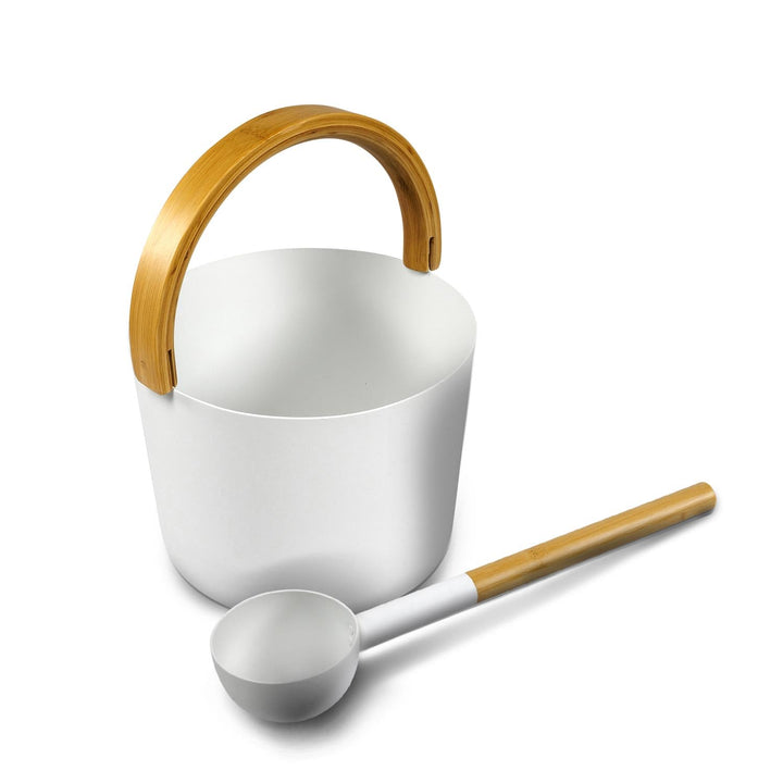 KOLO Sauna Kübel 2 & Kelle - Sauna Aufguss Set - Sauna Eimer 5 l aus Aluminium Weiss - 300 ml Aufgus