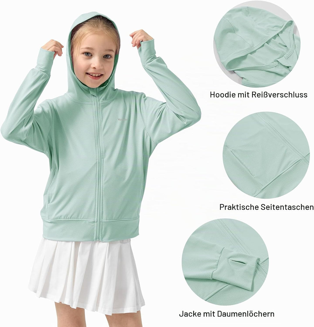 Rolanko Mädchen Sommerjacke mit Daumenlöchern Langarm Sonnenschutz Schnell Trocknend Reissverschluss