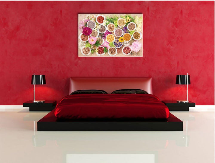 Pixxprint Heilende Kräuter und Blumen Kunst / 100x70cm Leinwandbild bespannt auf Holzrahmen/Wandbild