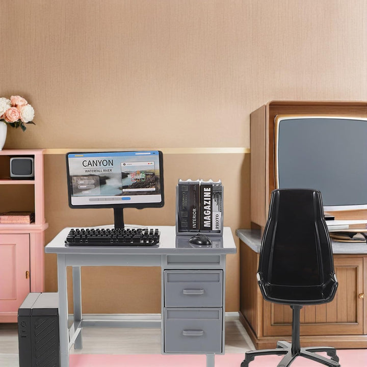 2 Sets Miniatur PuppenhausmöBel BüRotisch Mit Stuhl Computer Modell Simulations Pc Spielzeug FüR Kin