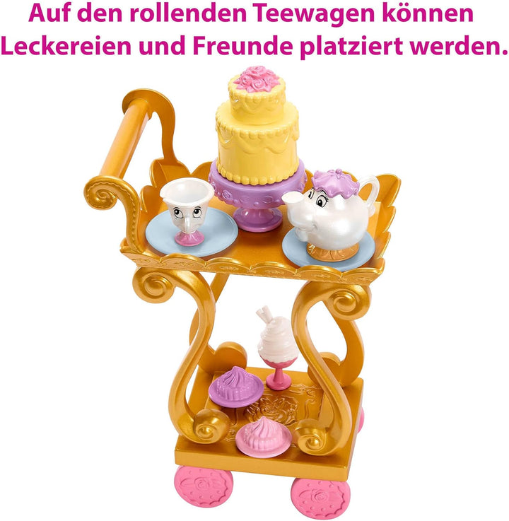 Disney Princess Spielzeug, Belle-Puppe mit schimmernder Kleidung, Teewagen, Freunden und Speisen, Te