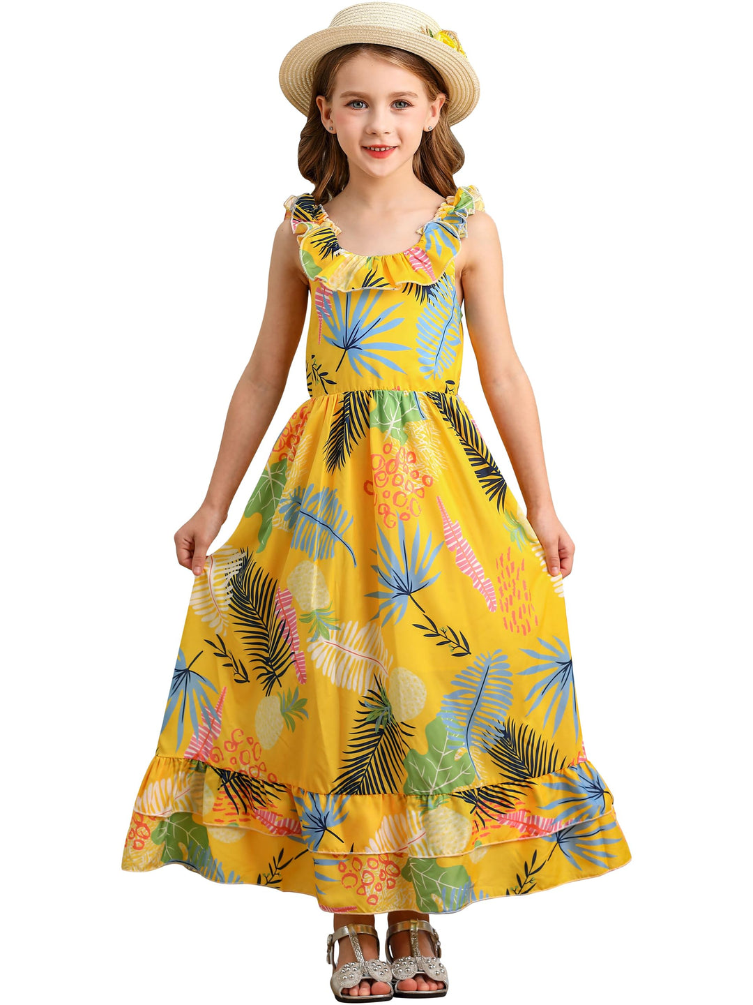 BONNY BILLY Mädchen Kleider Freizeit Blumen Sommerkleid Strandkleid Chiffonkleid Maxikleid mit Rüsch