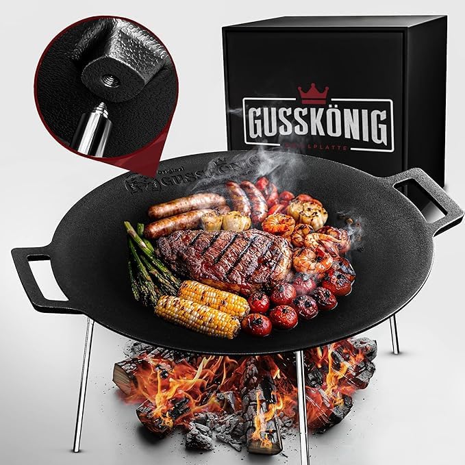 GUSSKÖNIG Gusseisen Grillplatte (Ø 42 cm) mit 3 Edelstahl Beinen - Dutch Oven Grillplatte Gusseisen