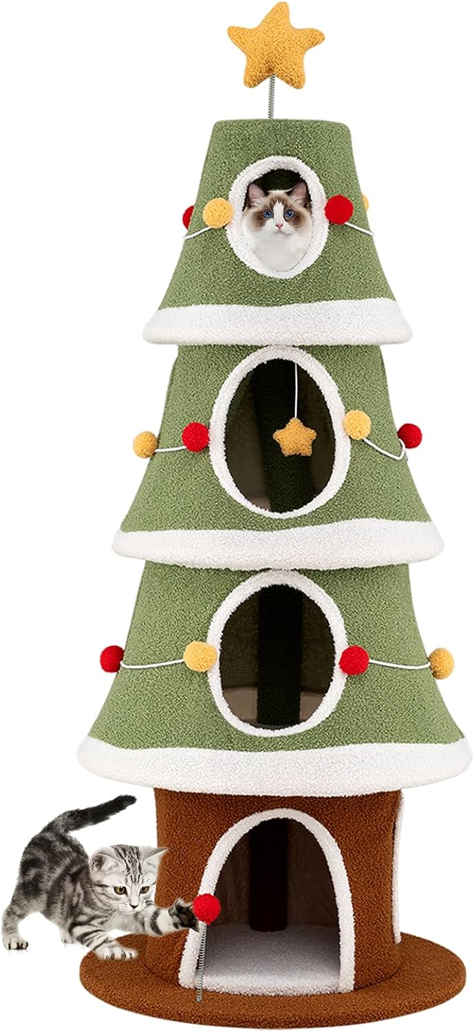 SOARS Kratzbaum Weihnachten, 154 cm Katzenbaum mit 4 Höhlen, Kratzbrett, Hängebällen, Katzenkratzbau