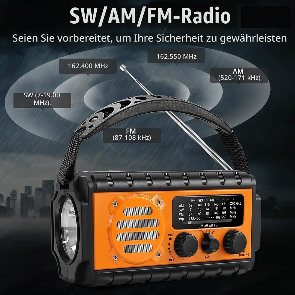 Solar Notfallradio, Kurbelradio mit 20000 mAh Powerbank, AM/FM/SW/WB Wetterradio, 4 Stromquellen, Ta