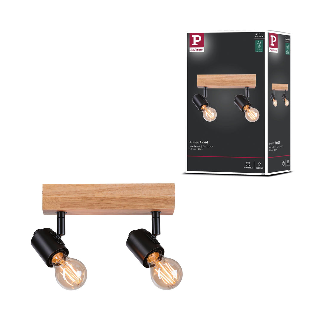 Paulmann 66771 Strahler Arvid 2-flammig max. 2x20 Watt Deckenleuchte Schwarz/Holz Spot Metall E27 2e