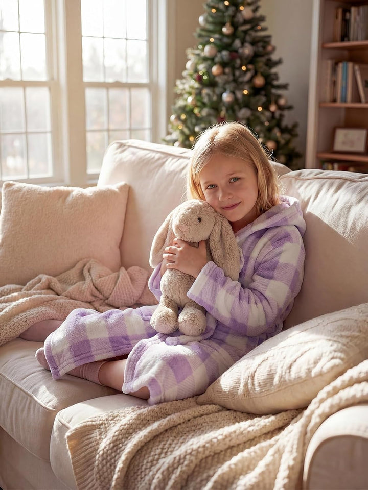 JiAmy Kapuzen Bademantel für Mädchen Flauschiger Fleece Plüsch Langer Schlafmantel Kinder Lila 7-9 J