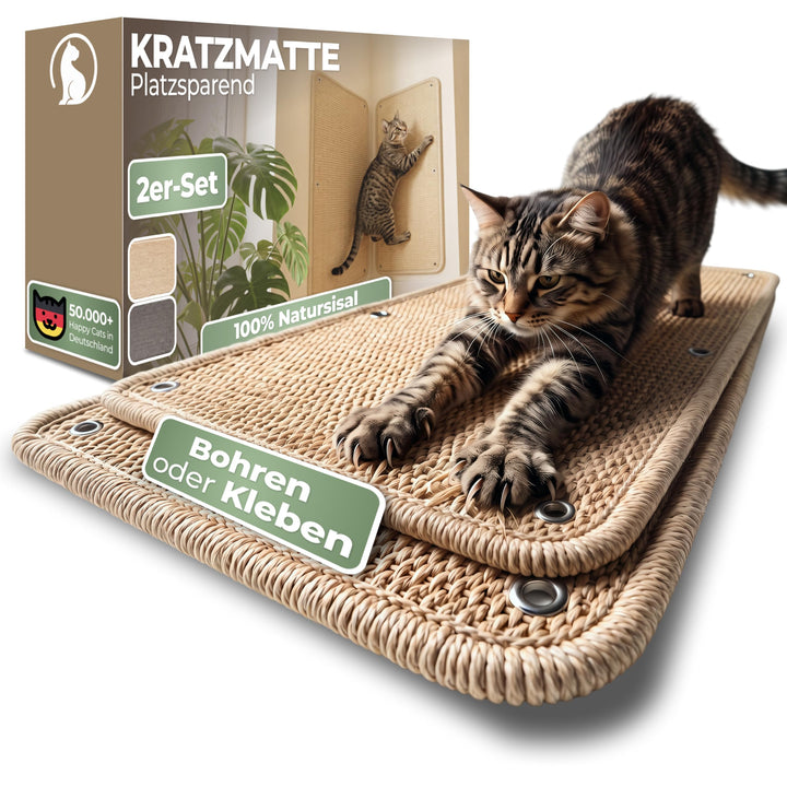 WOOWOOD Kratzmatte Katze für Wand 2er Set, 60x25 cm, Sisal, Beige-Natur | Sisal, 2er Set je 60x25 cm