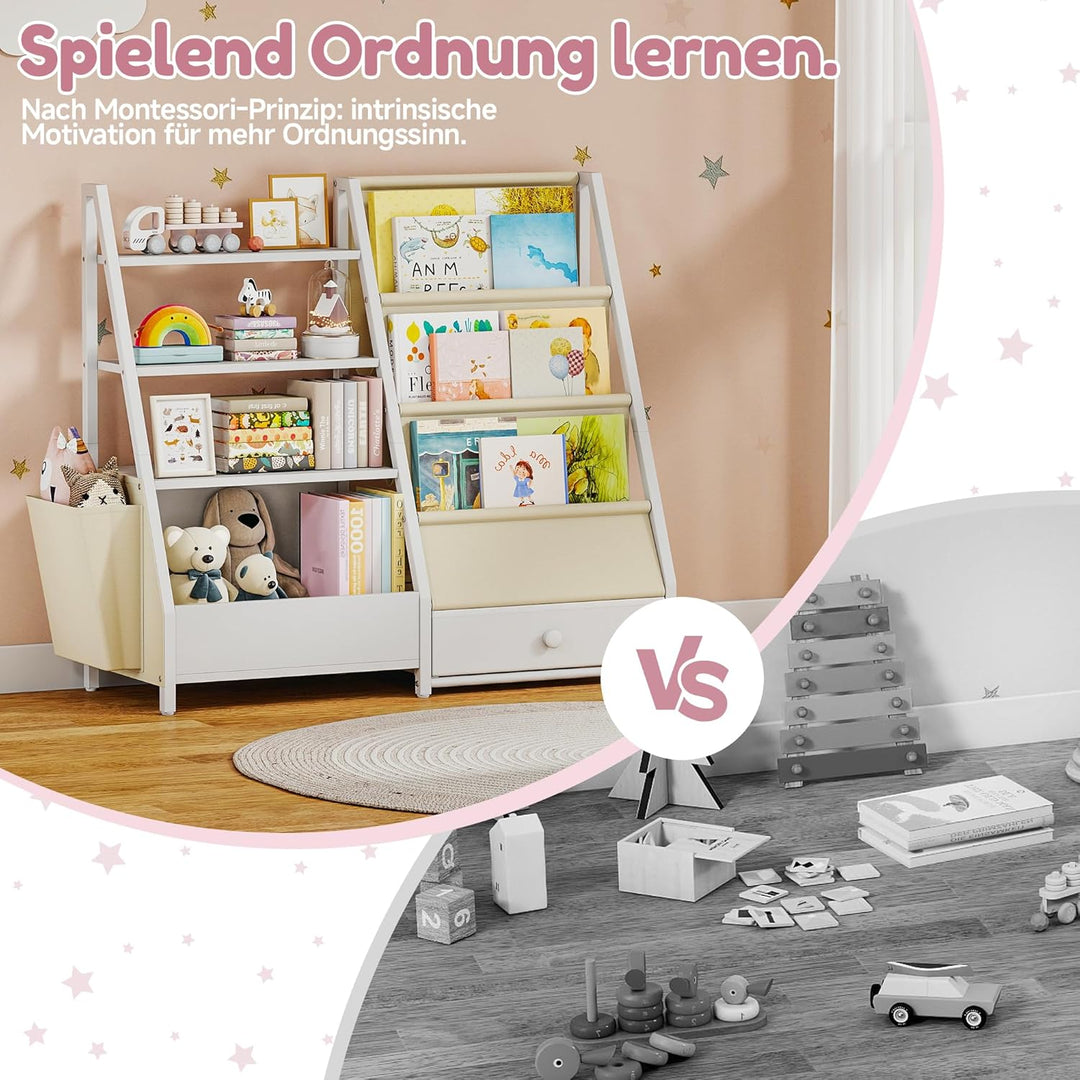 Quikraen Bücherregal Kinder, Kinderregal mit 4 Ablage und 3 Offenen Fächern, Montessori Bücherregal,