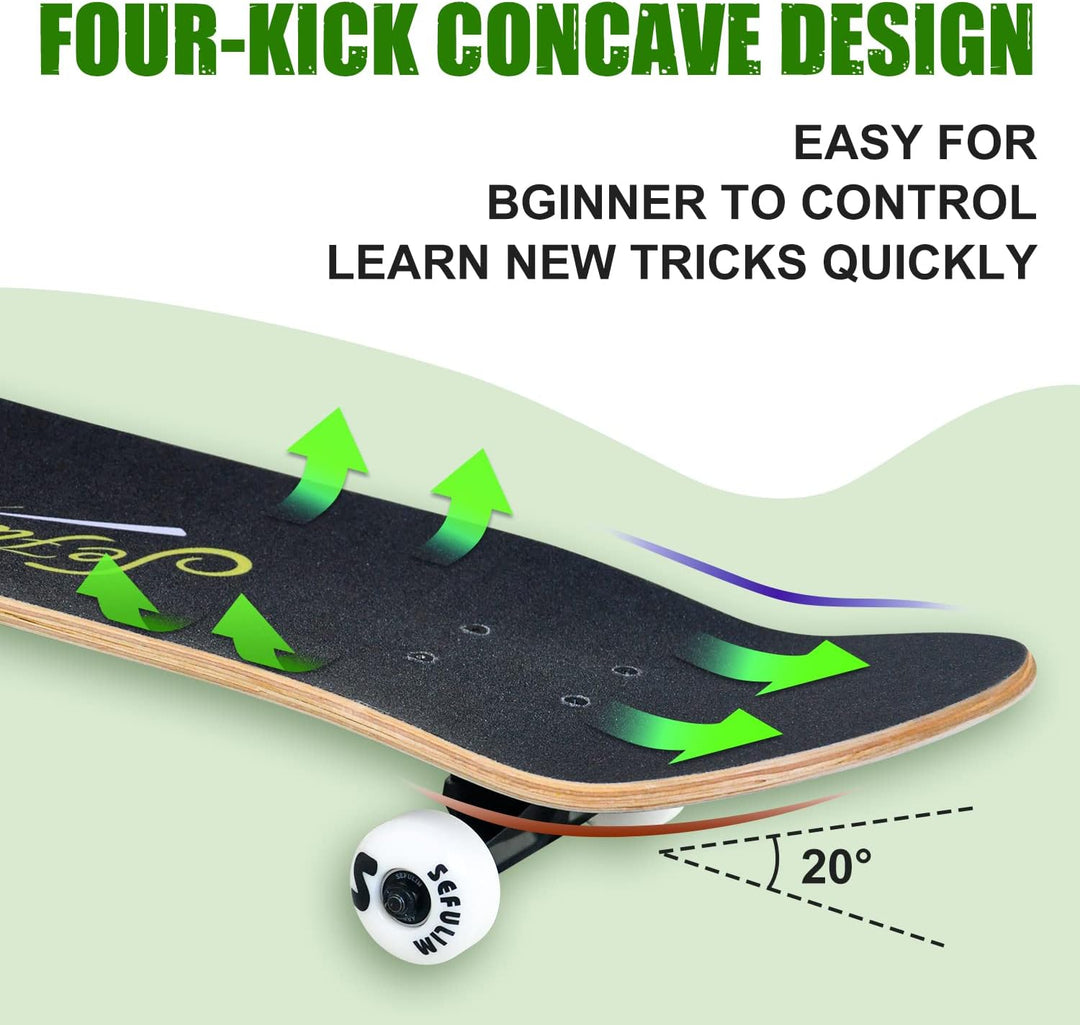 Sefulim 78,9 x 20,3 cm komplettes Skateboard, 7-lagig, kanadischer Ahorn, Doppel-Kick-Deck-Skateboar