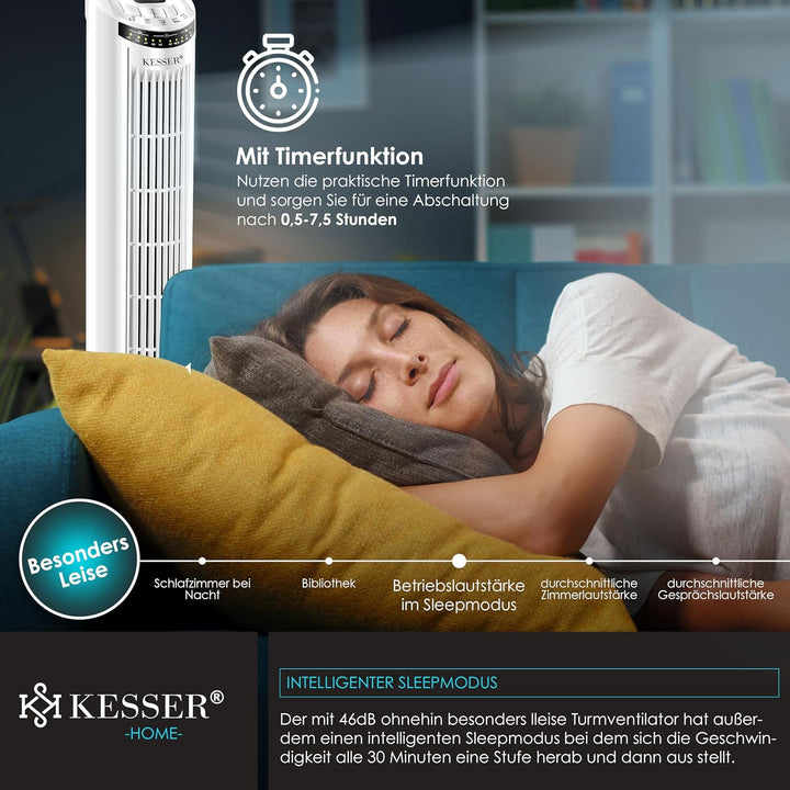 KESSER® Turmventilator mit Fernbedienung | 90° Oszillationswinkel | 3 Stufen | 90 cm |+ Timerfunktio