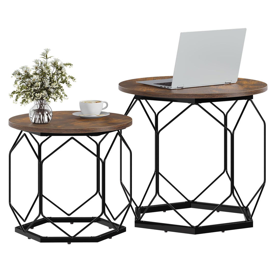 WOLTU 2er Set Couchtisch, Beistelltisch mit runder Tischplatte, Sofatisch mit hohlem Metallrahmen, W