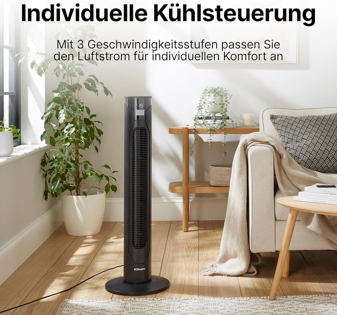 DIMPLEX Tower Fan Turmventilator, Standventilator 70° Oszillierend mit 3 Geschwindigkeiten, 12 Std.-