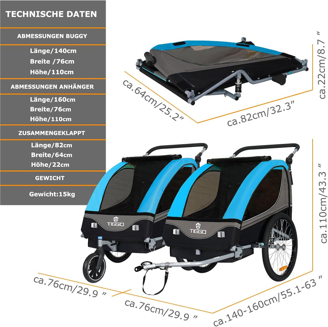 Tiggo S2 Kinderanhänger mit Federung Jogger 2 in 1 Kinder Buggy fahrradanhänger Anhänger 360° Drehba