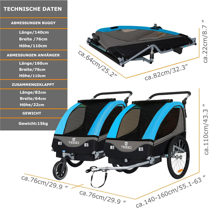 Tiggo S2 Kinderanhänger mit Federung Jogger 2 in 1 Kinder Buggy fahrradanhänger Anhänger 360° Drehba