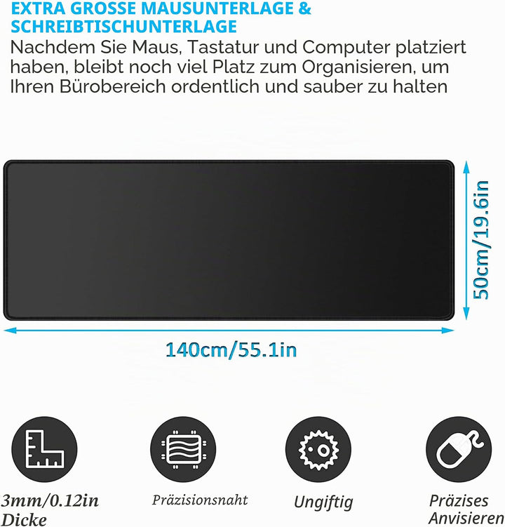 LL-COEUR XXL Schwarz Mauspad Gaming Mouse Mat Laptops Schreibtischunterlage Desk Pad (1400 x 500 x 3