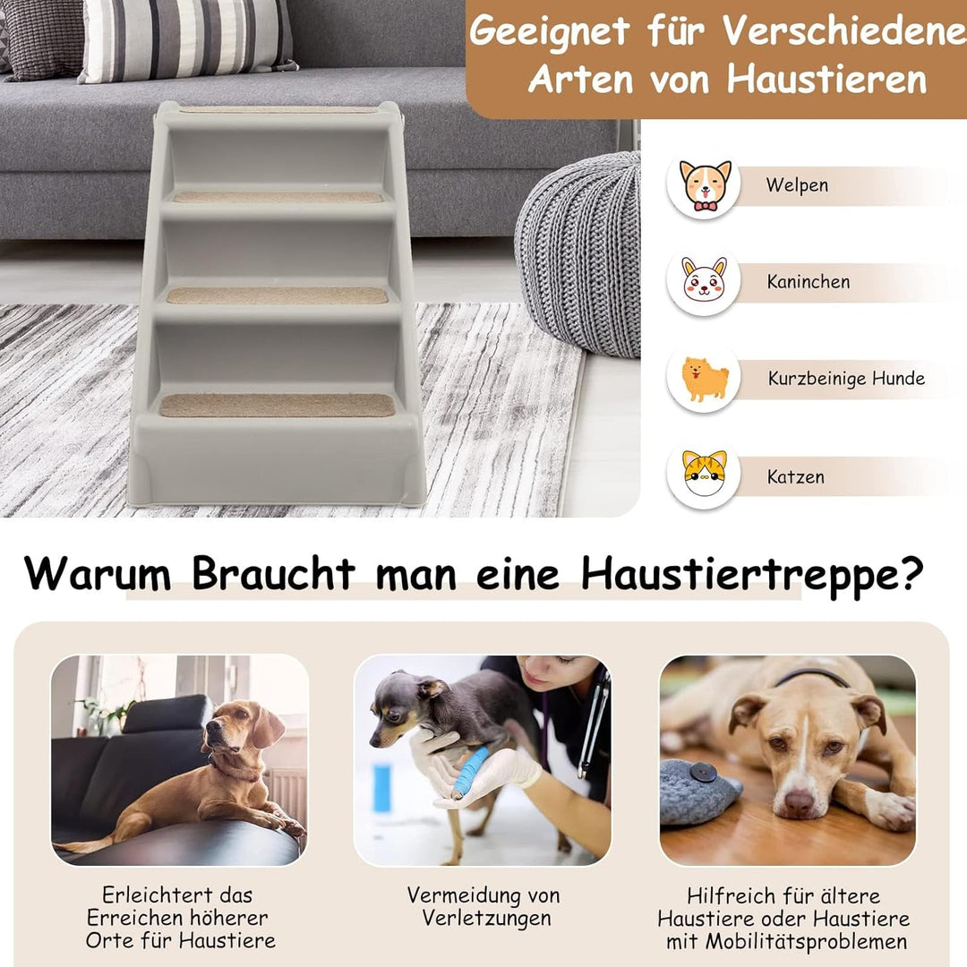 GYMAX Haustiertreppe mit 4 Stufen, klappbare Hundetreppe aus Kunststoff mit rutschfesten Fusspolster