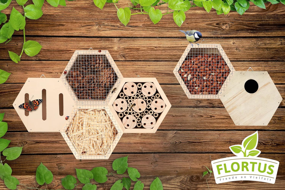FLORTUS Set aus Insektenhotels, Vogelfutterhaus und Nistkasten im Set | Insektenhotels kombinierbar