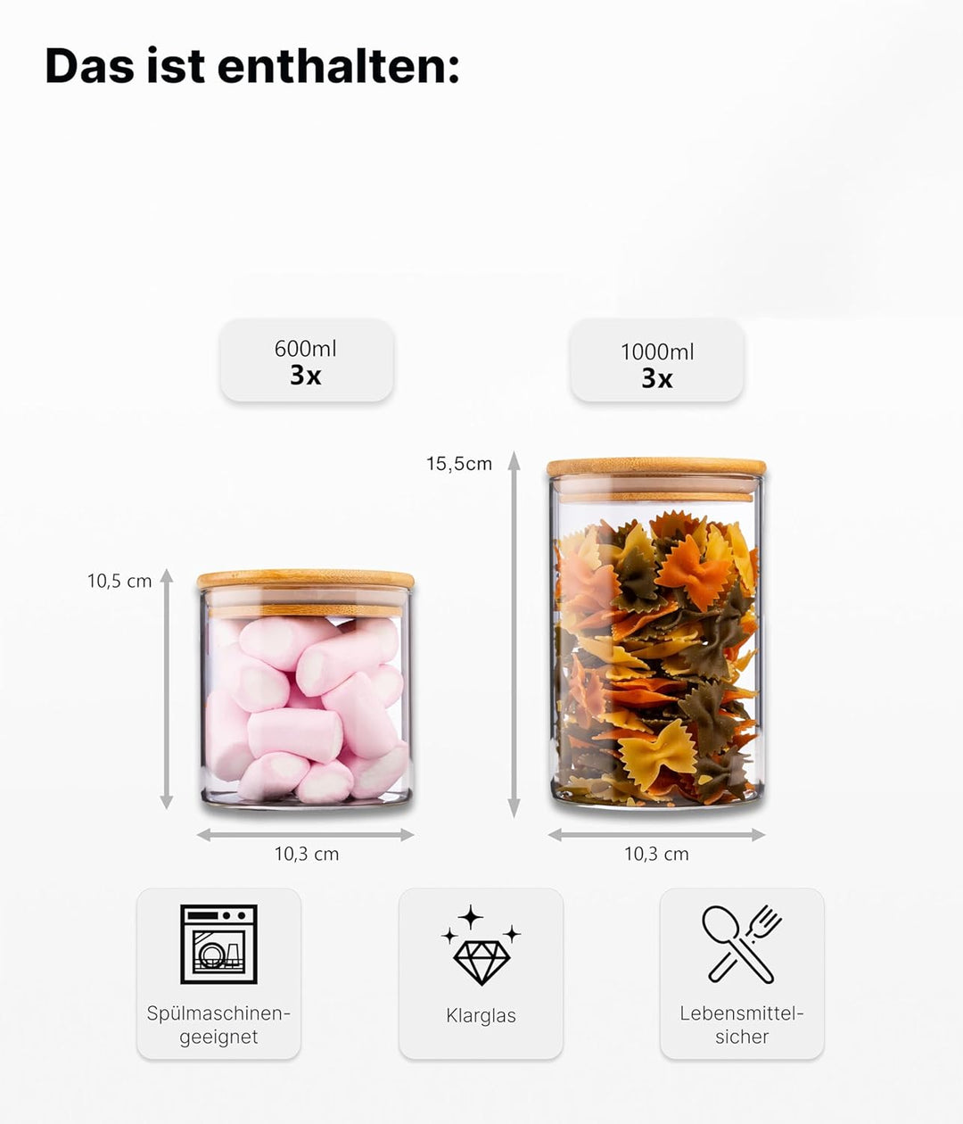 Deco haus® Vorratsgläser mit Deckel 6er Set [+ETIKETTEN] - Für Müsli, Cornflakes, Zucker, Mehl - Vor