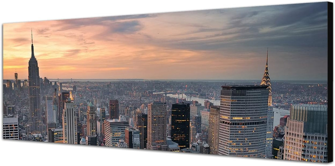 Paul Sinus Art Panoramabild auf Leinwand und Keilrahmen 150x50cm New York Manhattan Skyline Sonnenun
