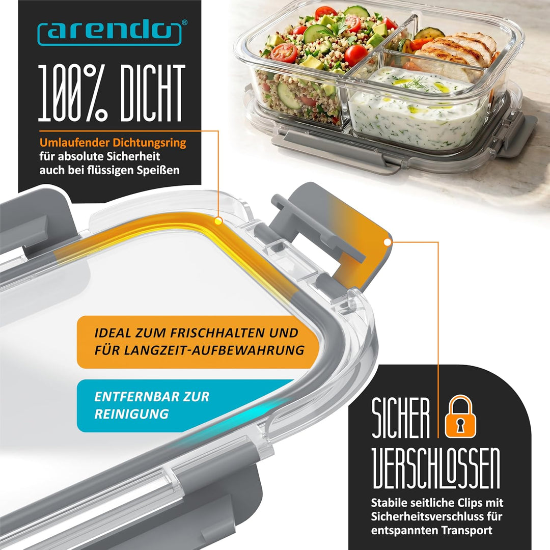 Arendo - Lunchboxen Glas - 3 Fächer - Frischhaltedosen für Lebensmittel mit Deckel luftdicht - 2er S