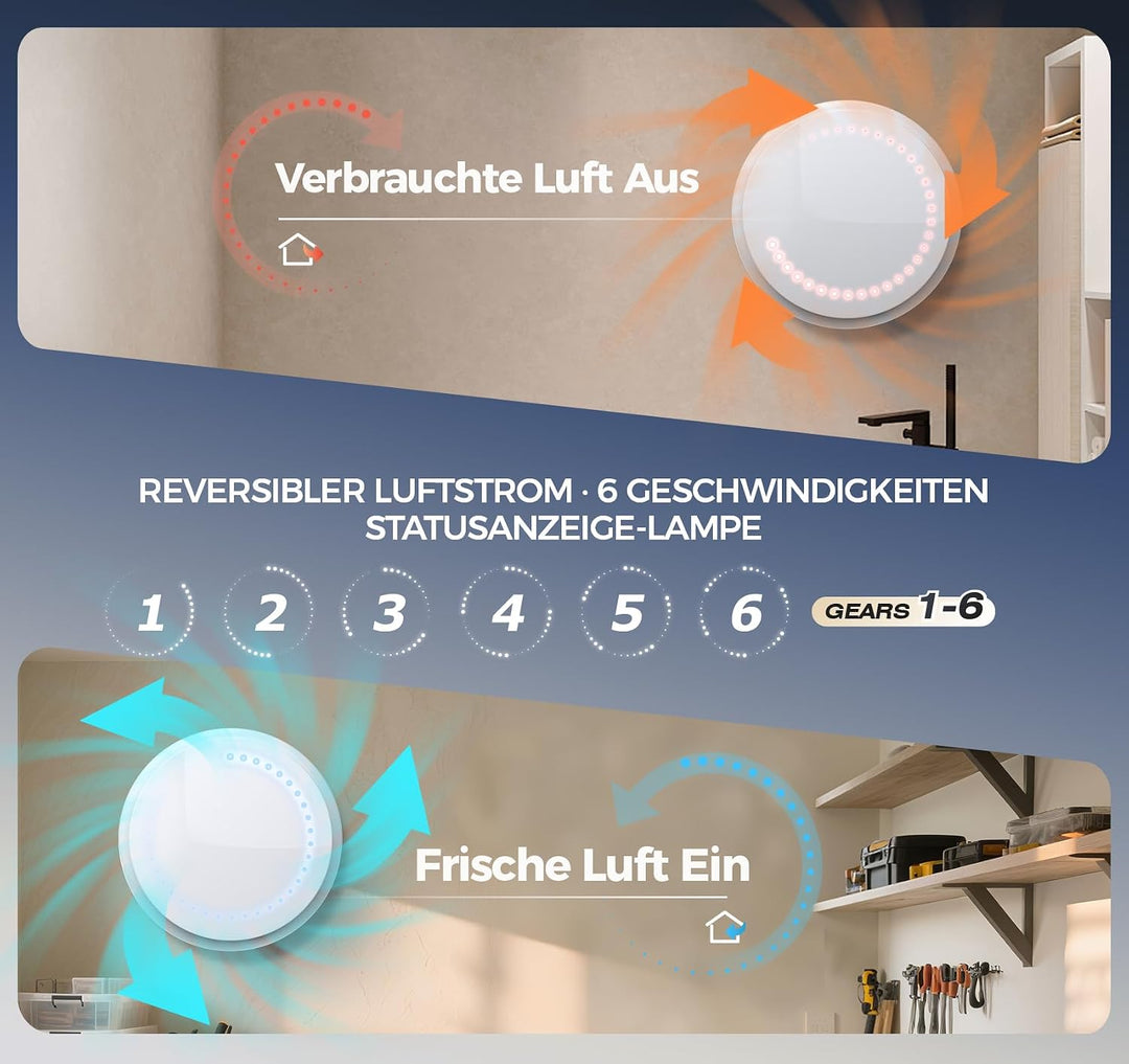 Badlüfter 150mm - 11 Lichteffekte, 2 Richtungen Ventilaton, 6 Geschwindigkeiten, Leiser Abluftventil