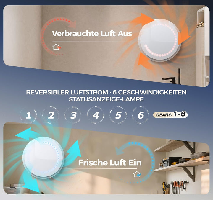Badlüfter 150mm - 11 Lichteffekte, 2 Richtungen Ventilaton, 6 Geschwindigkeiten, Leiser Abluftventil