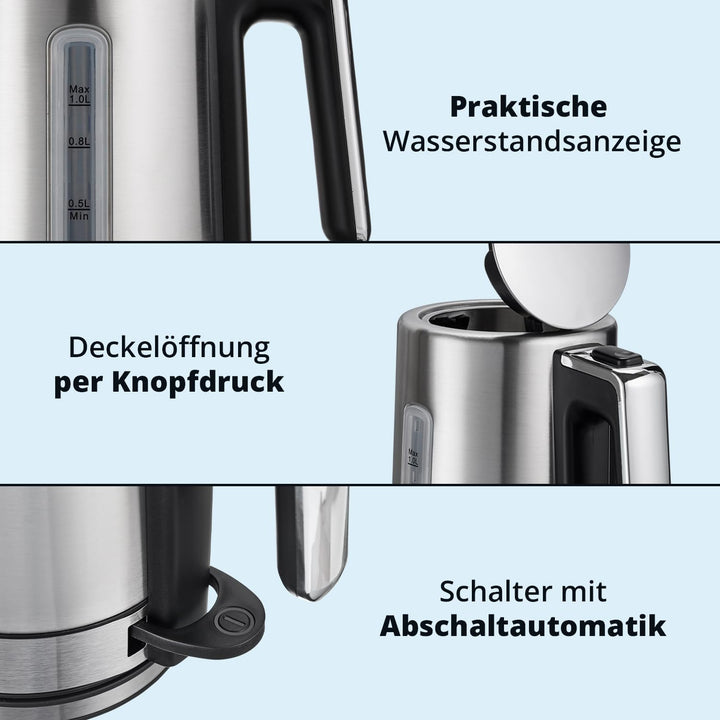 KHG Wasserkocher WK-105 ES Edelstahl, 1 Liter Kapazität | LED-Schaler, Kalkfilter, Wasserstandsanzei