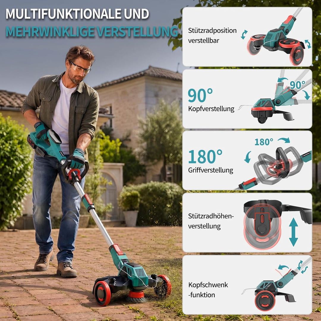 Rasentrimmer mit Akku, 5-IN-1 Rasentrimmer mit Unkrautbürste/Rädern, 21V/2 * 4.0Ah Akku Rasentrimmer