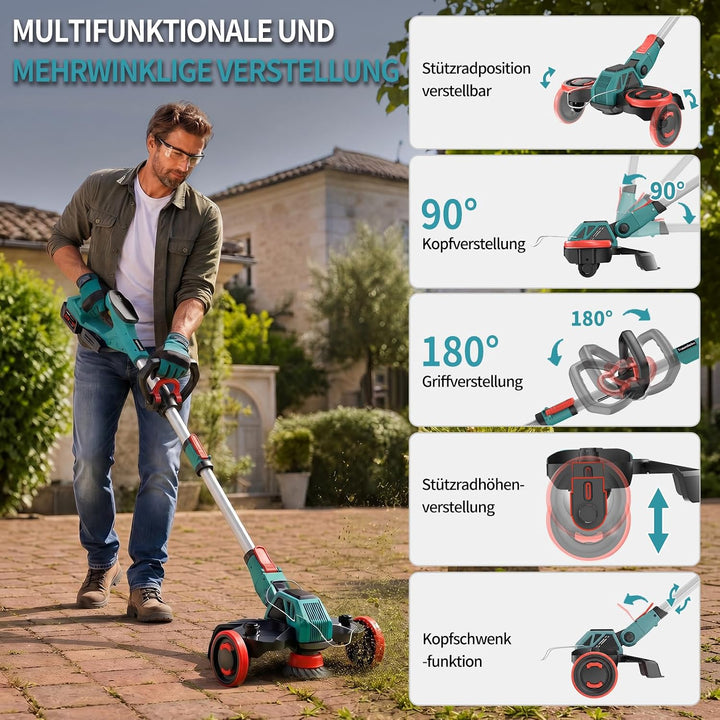 Rasentrimmer mit Akku, 5-IN-1 Rasentrimmer mit Unkrautbürste/Rädern, 21V/2 * 4.0Ah Akku Rasentrimmer