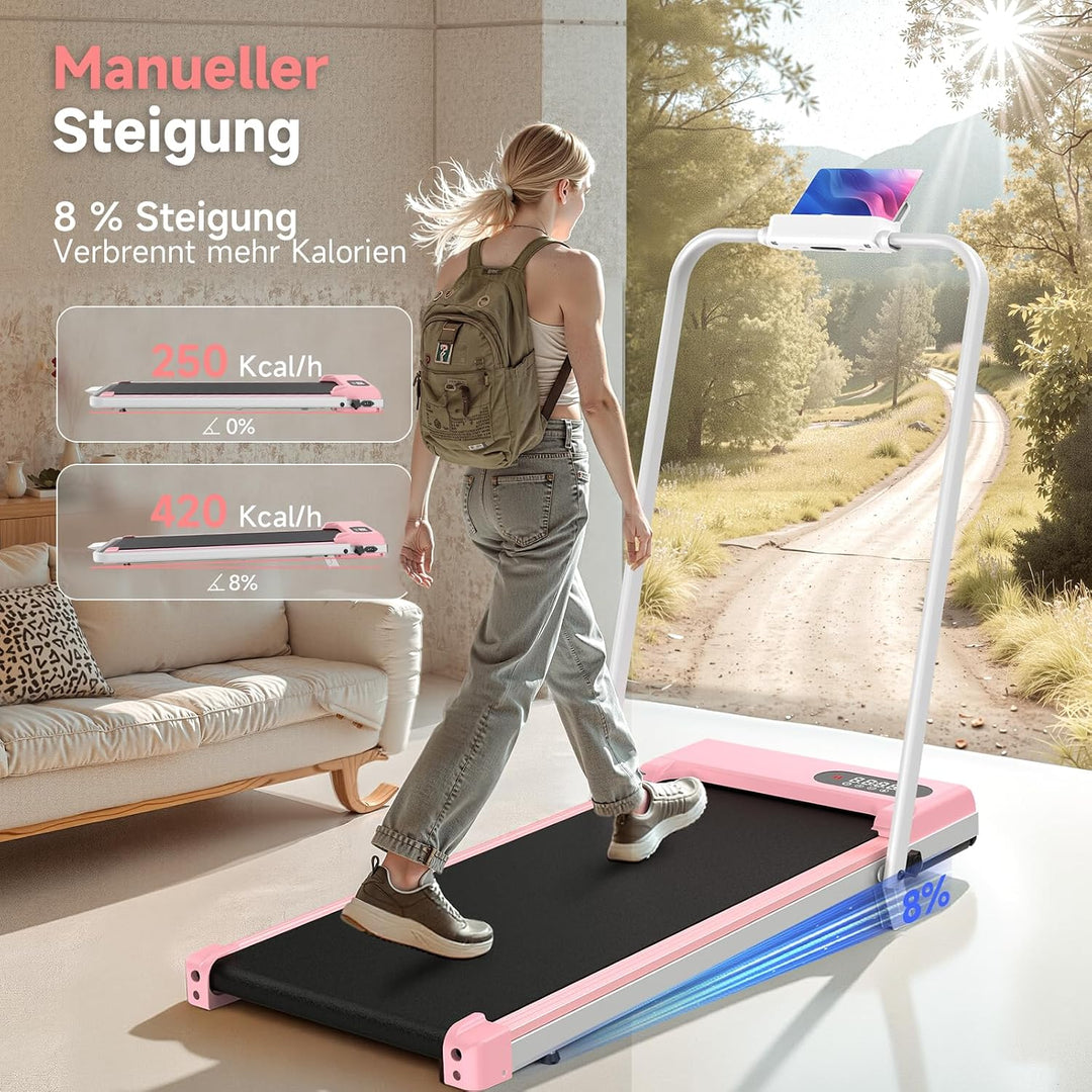 HomeFitnessCode Walking Pad Klappbar mit Neigung Laufband für Zuhause Rosa | Laufpad mit Steigung 1-