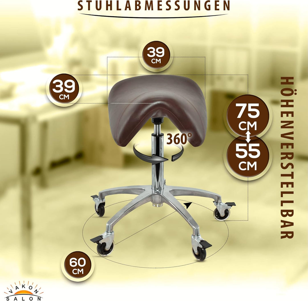 Premium Sattelhocker braun mit Bremse, Sattelstuhl für Rückenentlastung, Rollhocker höhenverstellbar