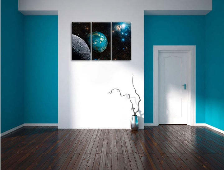 Pixxprint Planet Erde im Kosmos als Leinwandbild | Grösse: 3 Teilig (120x80) | Wandbild| Kunstdruck
